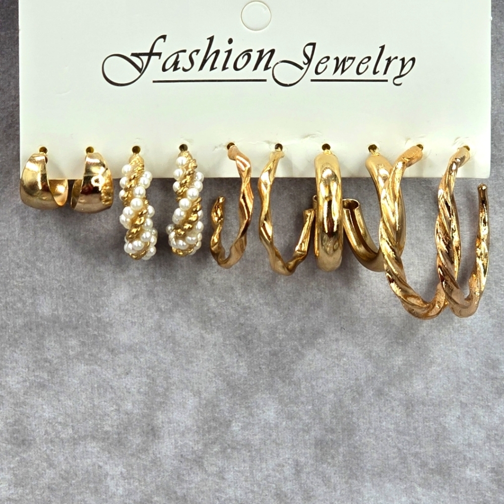 Gold Hoop Dangle Set of Five Pearl Spiral Dangle Earrings Fashion Jewelry JB2-62
